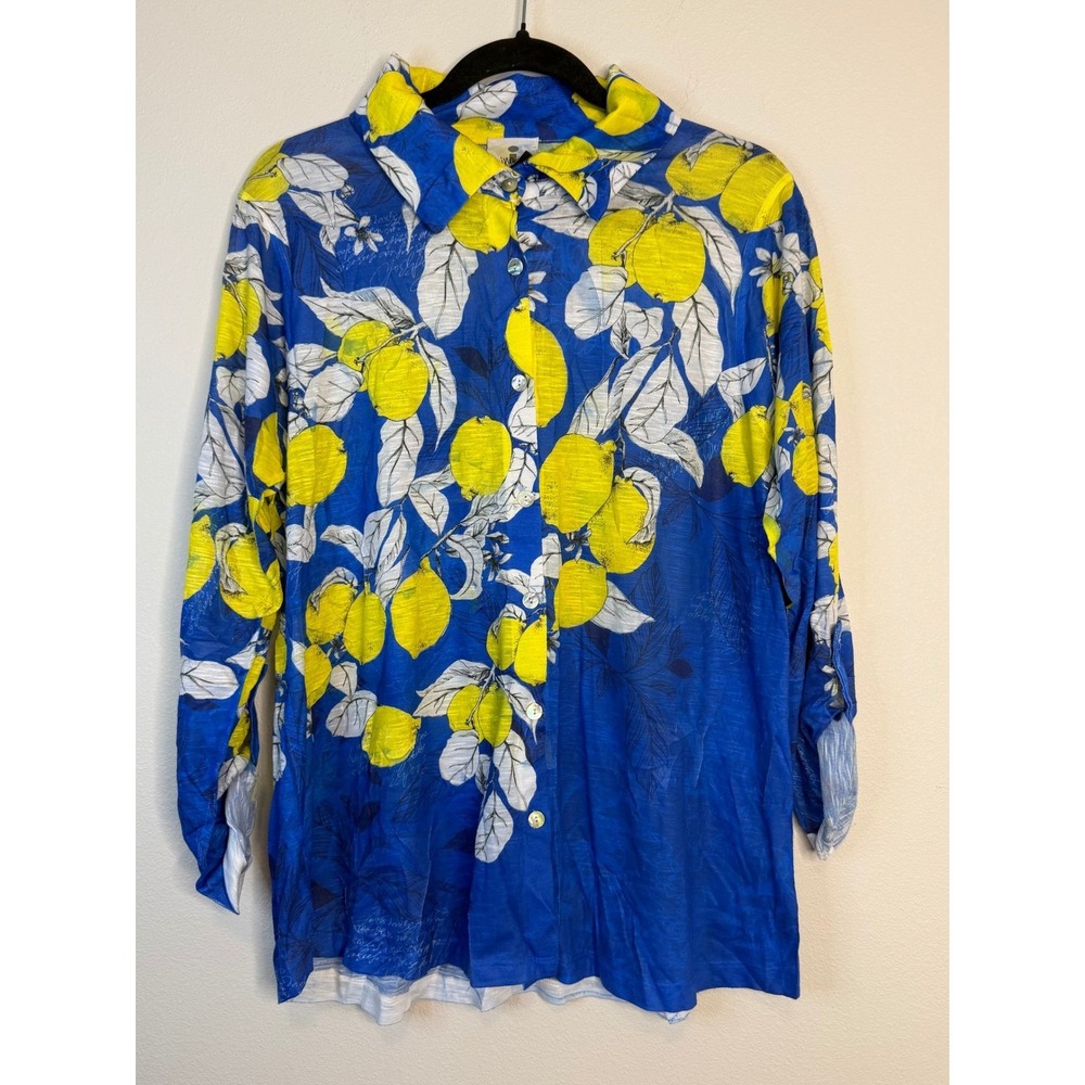 Inoah Lemon Print Roll Tab Sleeve Button Down Shirt Blue Yellow XS